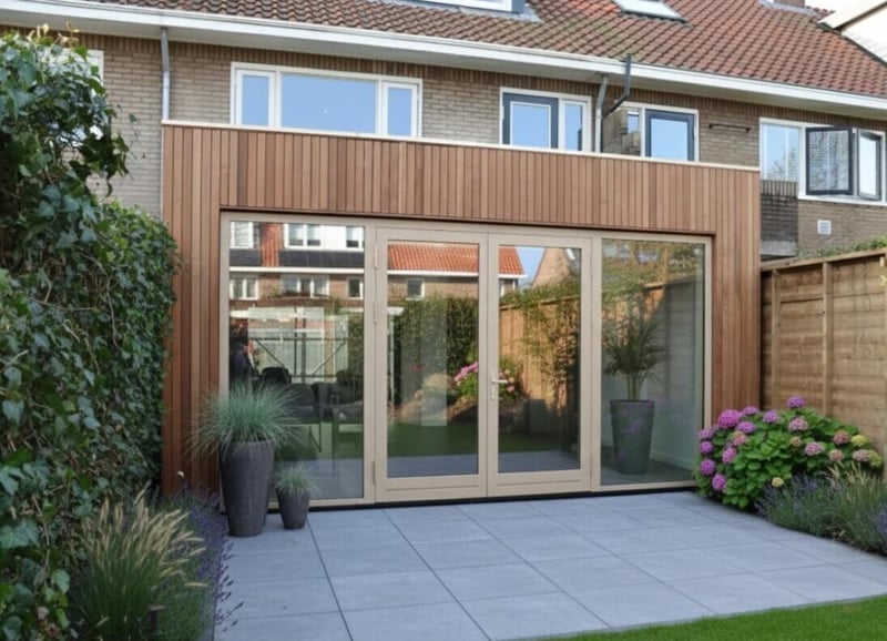 Prefab aanbouw in Zwolle met stijlvolle fraké houten gevelbekleding