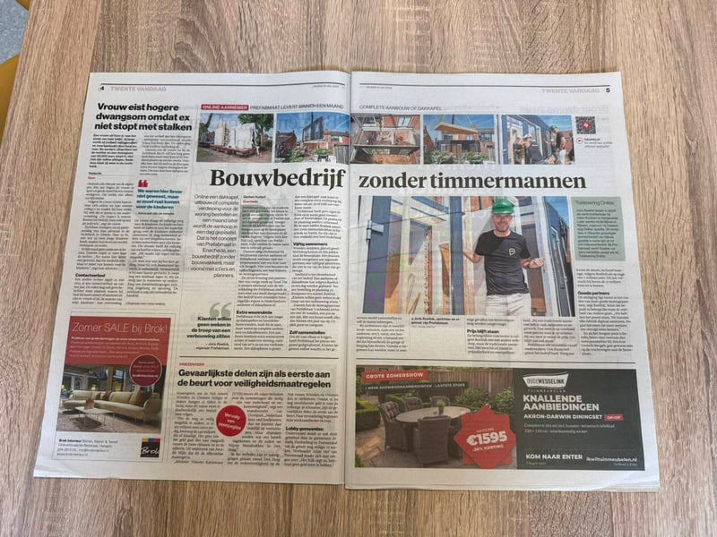 Prefabmaat in de Media 2026. In de Twentse Tubantia staat een groot item op de voorpagina van de krant. Ook in de krant staat een pagina groot artikel hoe Prefabmaat de bouw  (6)