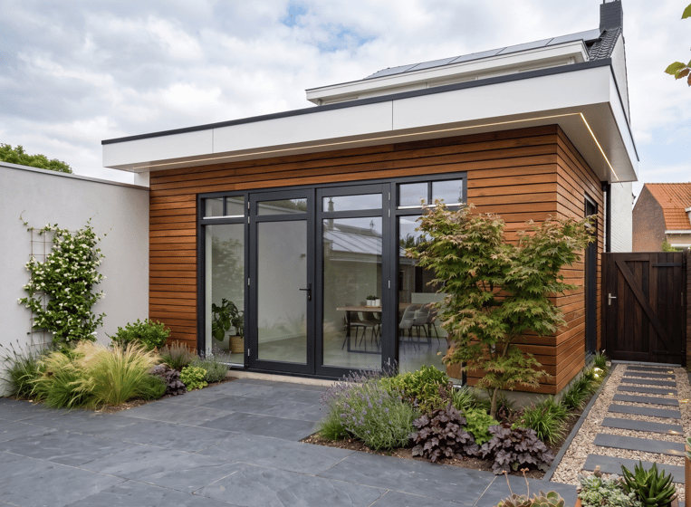 prefab aanbouw houten gevel aan de achterzijde van de woning
