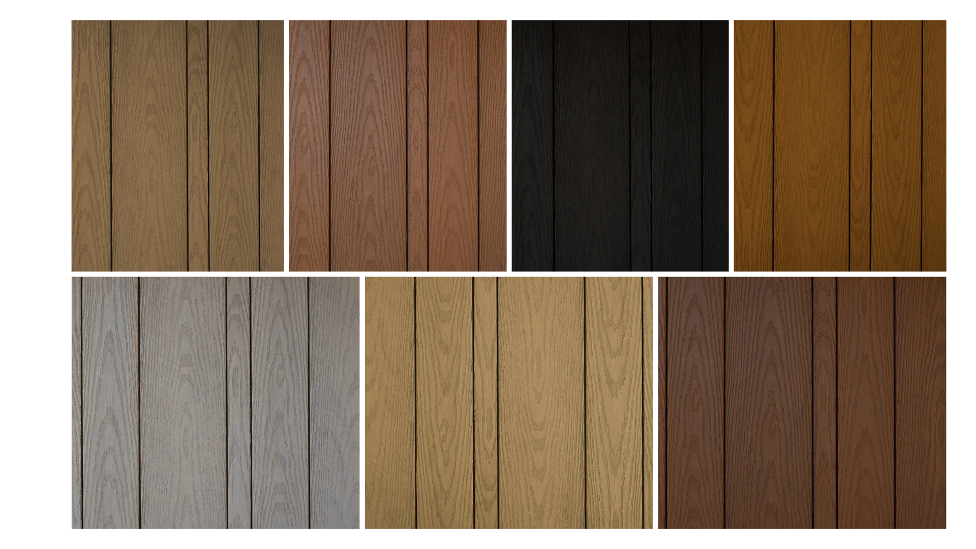Kunststof gevelbekleding van Kerama. We laten hier de kleuren Glory Sand, Seaside Birch, Silverred Oak, Autumn Chestnut, Walnut Ember, Tigerwood en Pure Black zien