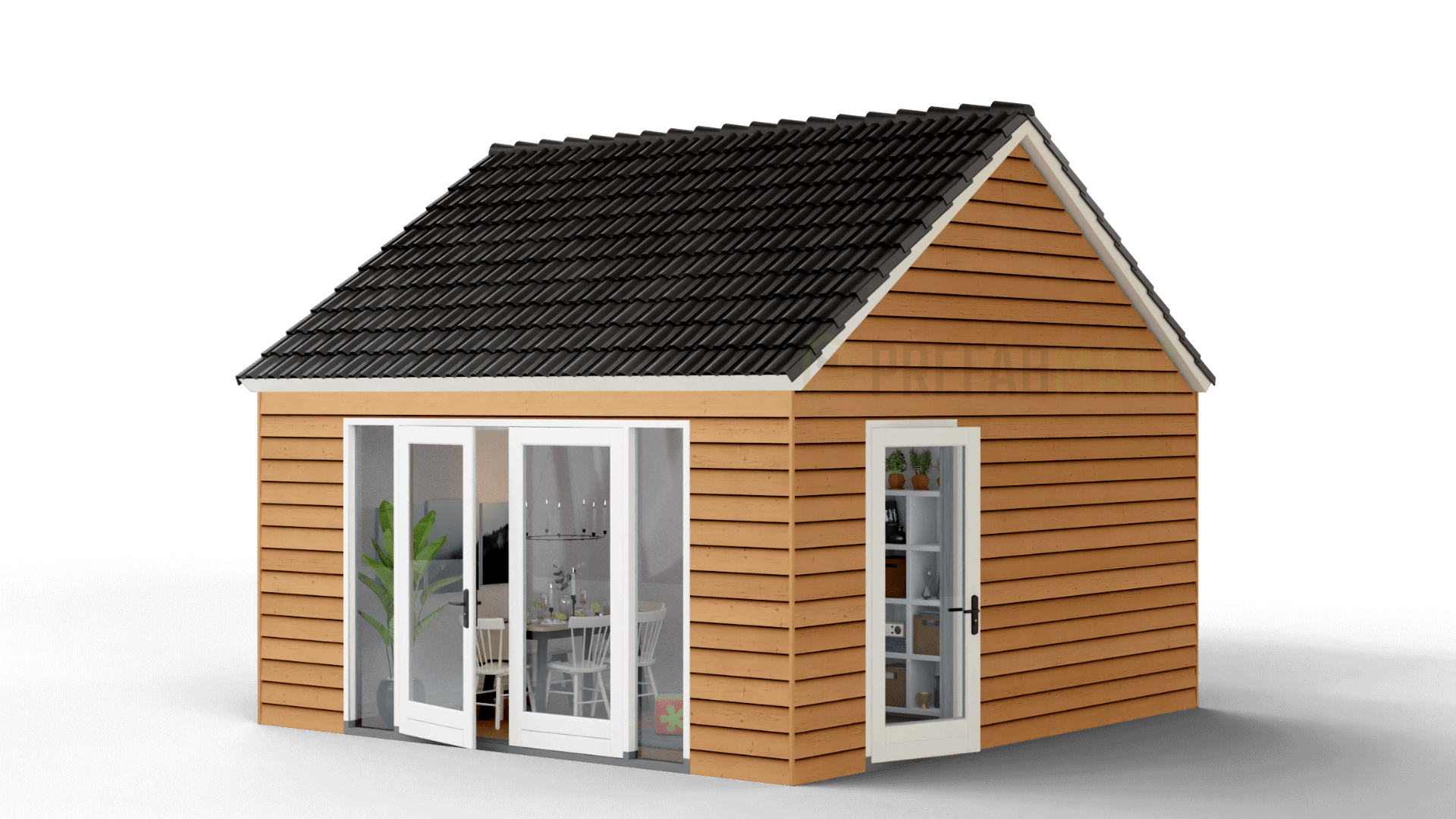 Prefab bungalow met bruine gevel en witte deuren
