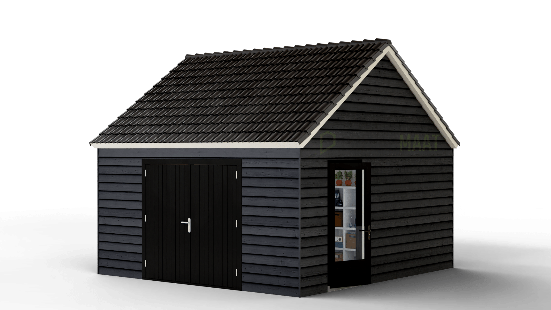 Prefab schuur met garagedeuren