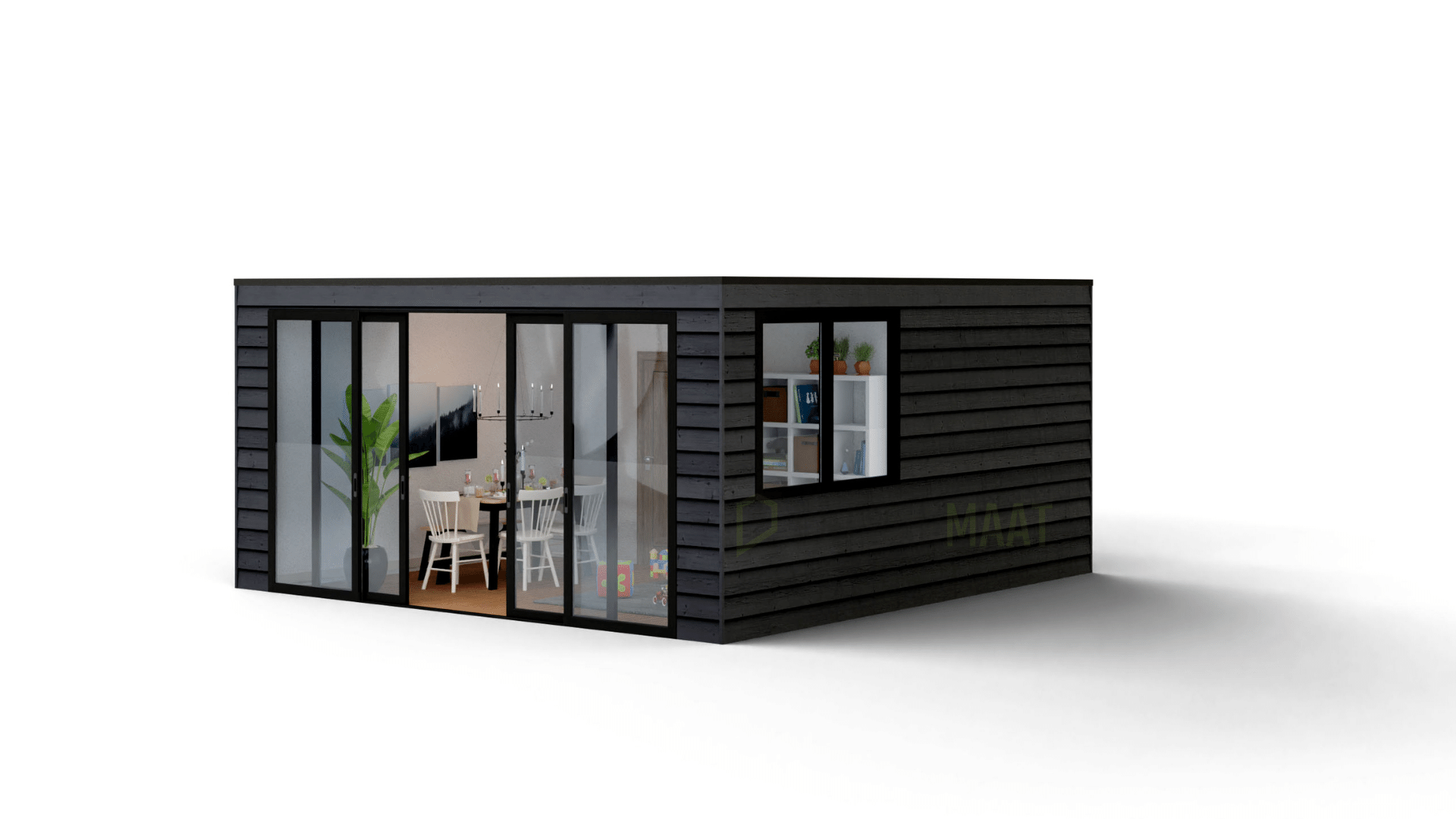 Prefab tuinkantoor met zwarte gevel en zwarte schuifpui