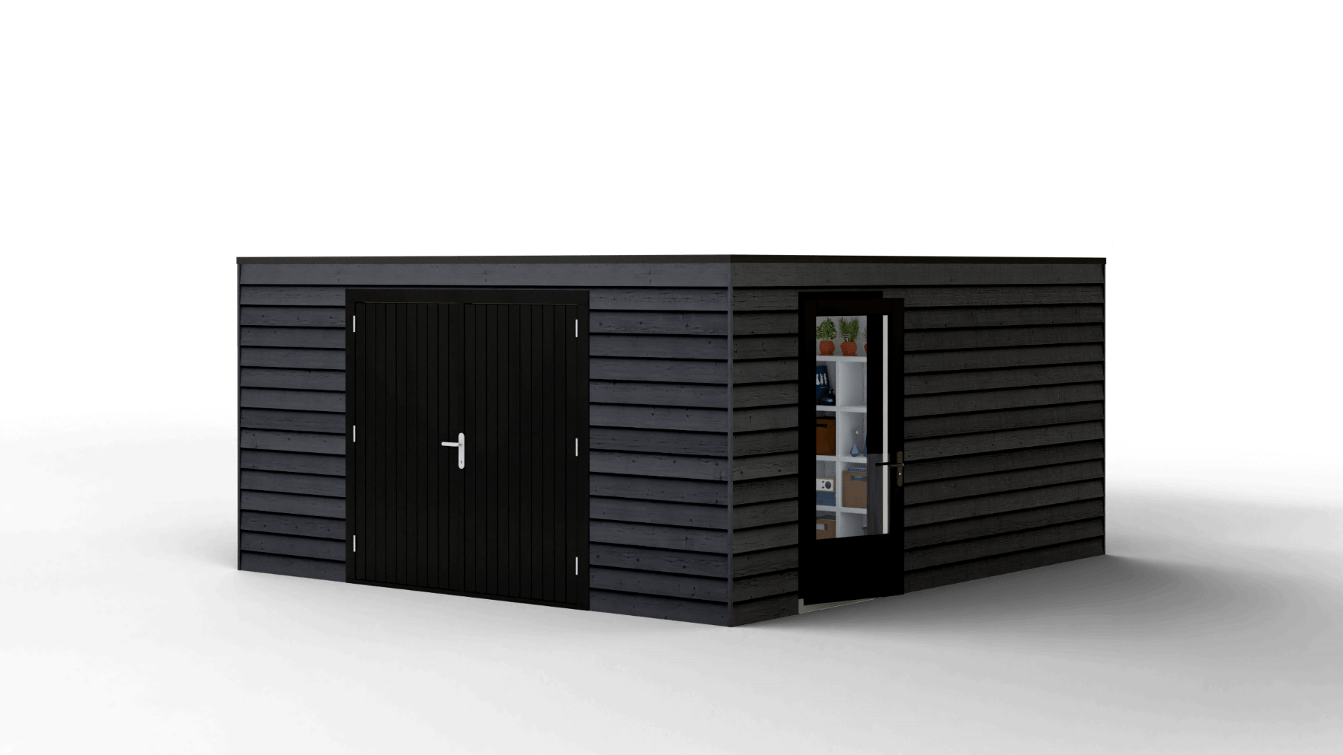 Prefab schuur met garagedeuren