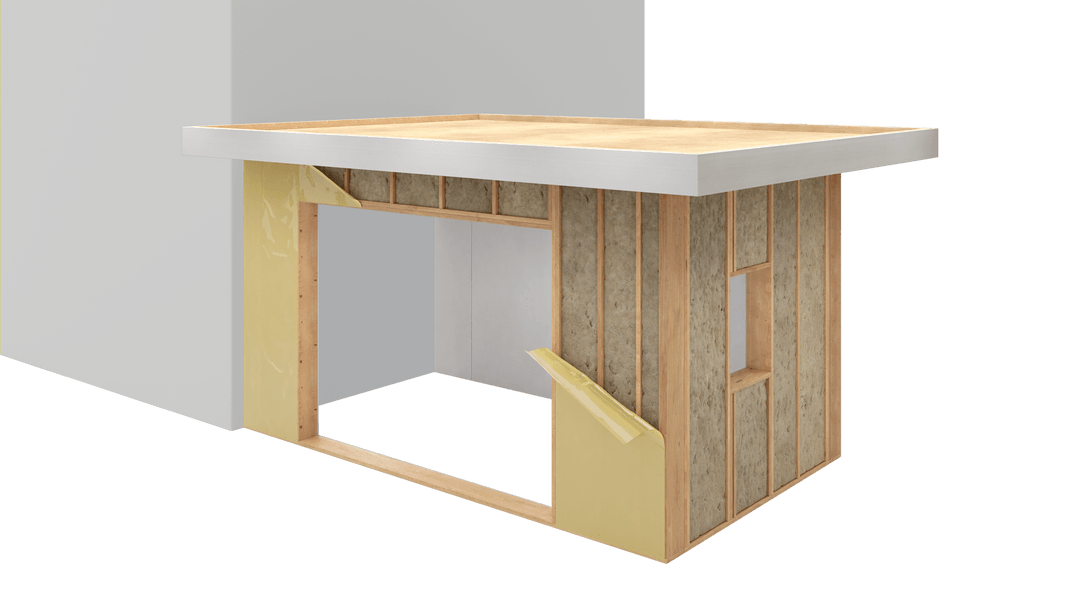 Prefab aanbouw met plat dak en sparing