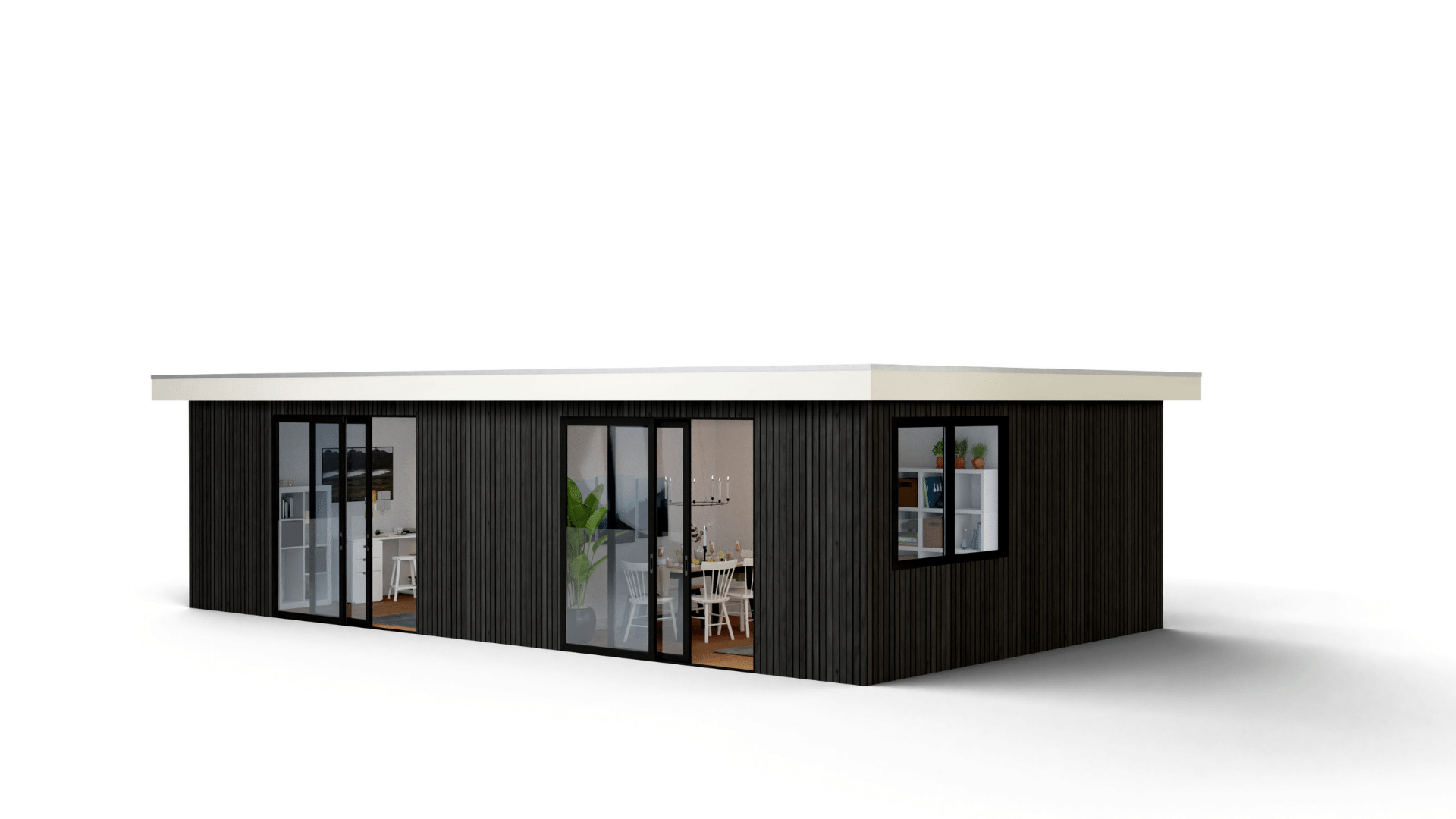 Prefab vakantiewoning met zwarte schuifpui en overstek