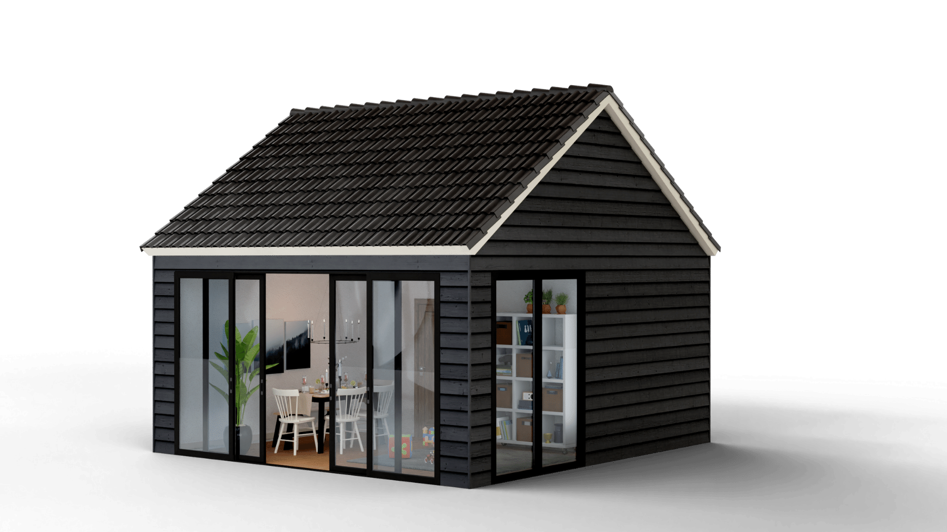 Prefab bungalow met zwarte schuifpui