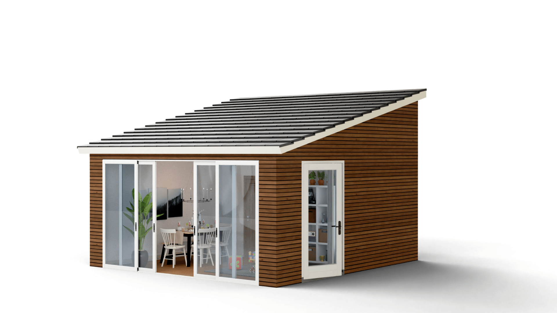 Prefab Tiny House met bruine gevel en witte kozijnen