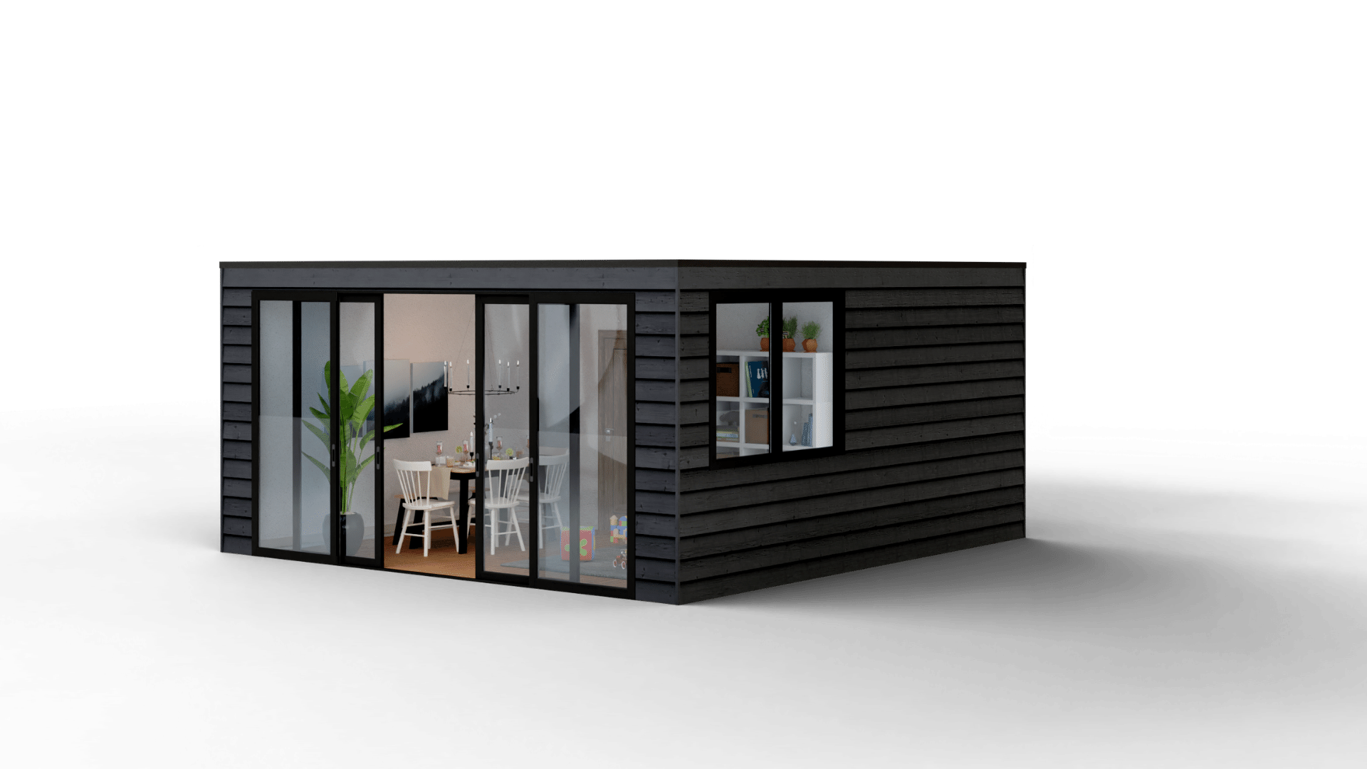 Prefab tuinkantoor met zwarte gevel en zwarte schuifpui